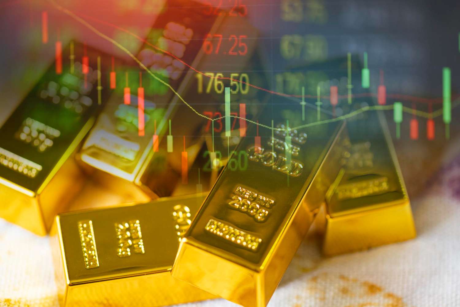 gold trading gold bars fabric with stock graph chart stock market trade background pile gold bars financial business economy concepts wealth reserve success business finance